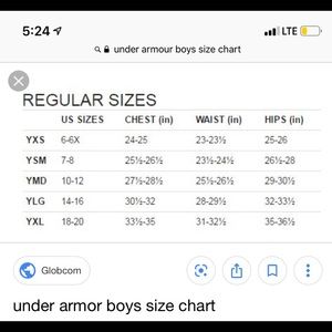 Under Armour Xs Size Chart